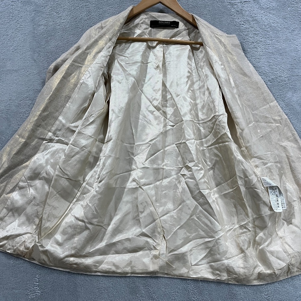 Zara Blazer Jacket Womens S Linen Beige Open Gold Shimmer Lagenlook Preppy - Picture 4 of 9